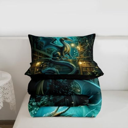 Feelyou Dragon Bedding Set Soft for Boys Girls, Magical Beast Comforter Set King Size Fantasy Animal Duvet Quilt Microfiber Wild Life Bedroom Decor Jungle Dragon 3 Pcs with 2 Pillow Cases