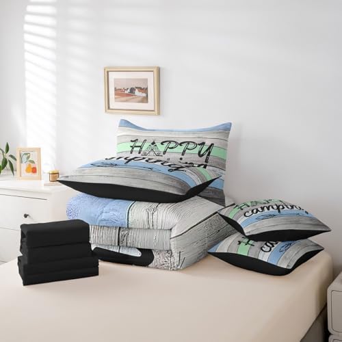 Erosebridal Happy Camping 7 Pcs Bedding Set for Kids,Rustic Farmhouse Style Comforter Set with Sheets,Camper Theme Bed in a Bag,Arrows Adventure Duvet Insert,Retro Old Barn Door Down Comforter,Full