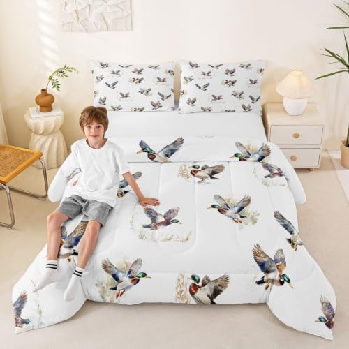 Feelyou Mallard Duck Comforter Set Queen Size Duck Hunt Bedding Set for Kids Boys Girls Wild Duck Hunting Duvet Quilt Wild Animal Bedroom Decor Microfiber 3 Pcs with 2 Pillow Cases