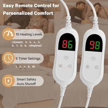 Heated Electric Blanket Queen, Dual Control, 84" x 90", Ivory White
