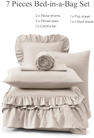 AMBERSPACE Queen Comforter Set Beige Ruffle 7 Pieces Farmhouse Bed in a Bag