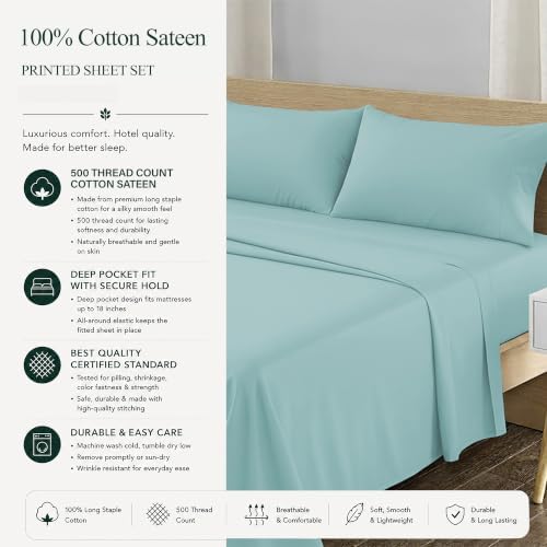 Feather & Stitch 100% Cotton Sateen 500 TC King Size Bed Sheet Set