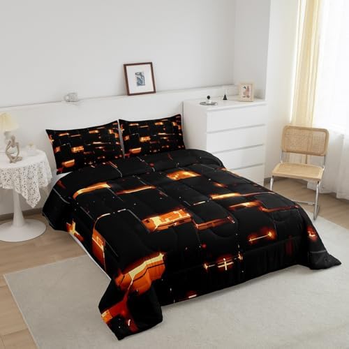 Feelyou Black Yellow Square Ombre Comforter Set King Size Kids 3D Rendering Abstract Art Comforter for Boys Girls Teens Modern Fashion Bedding Set Stripes Duvet Set Room Decor