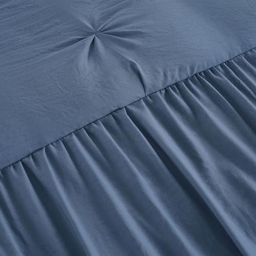 Chezmoi Collection Aria 3-Piece Pinch Pleat Pintuck Ruffle Skirt Bedspread Set - French Country Chic Farmhouse - King, Dusty Blue