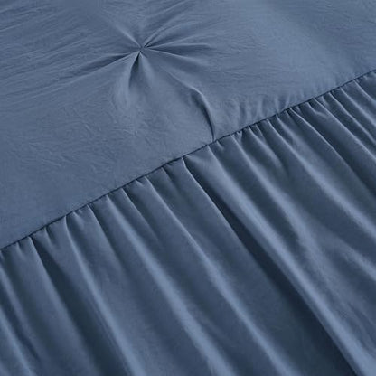 Chezmoi Collection Aria 3-Piece Pinch Pleat Pintuck Ruffle Skirt Bedspread Set - French Country Chic Farmhouse - King, Dusty Blue