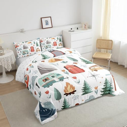 Homewish Camping Comforter Set King Size,Cartoon Pine Tree Bedding Set 3Pcs for Kids Girls Boys Teens Room Decor,Camper Adventure Theme Quilt Set Mountain Tent Pattern Duvet Insert,2 Pillowcases