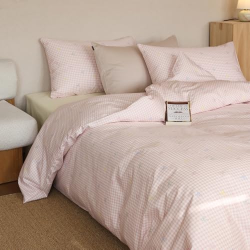 LifeTB Bowknot Duvet Cover Full Size 100% Cotton Pink Gingham Duvet Cover Colorful Bow Bedding Set Soft Breathable Plaid Checkered Comforter Cover with 2 Pillowcases Cute Grid Gingham Bedding Set