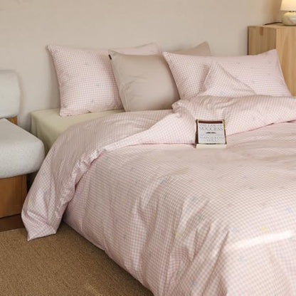 LifeTB Bowknot Duvet Cover Queen 3 Pieces Pink Gingham Duvet Cover 100% Cotton Cute Bow Bedding Set Grid Pattern Soft Breathable Comforter Cover Aesthetic Plaid Checked Gingham Bedding Set Queen