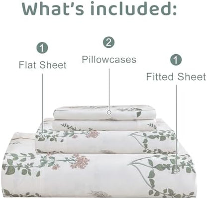 QSH Floral King Size Sheet Sets - 100% Egyptian Cotton Floral Bedding Sheets Flower Pattern Printed Bedding King Size Bed Sheets 17.5" Extra Deep Pocket 4pcs