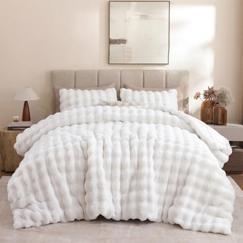 YIKUSH King Faux Fur Soft Comforter Set, Fluffy White Rabbit Fur Comforter