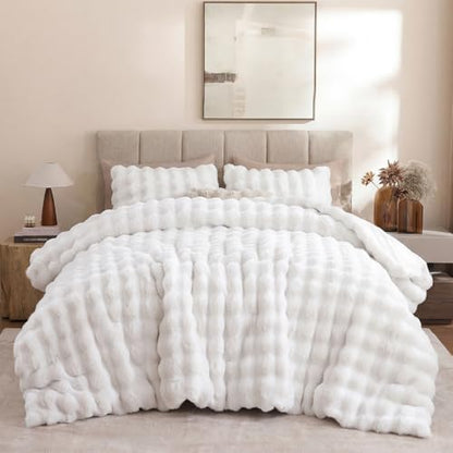 YIKUSH King Faux Fur Soft Comforter Set, Fluffy White Rabbit Fur Comforter