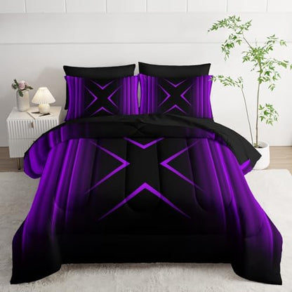 Nttopship Purple and Black Geometric Comforter Set Queen Size 7Pieces,3D Abstract Mordern Printed Bedding Set for Adults,Geometric Mordern Decor All Seasons with Pillowcases,Flat, Fitted Sheet