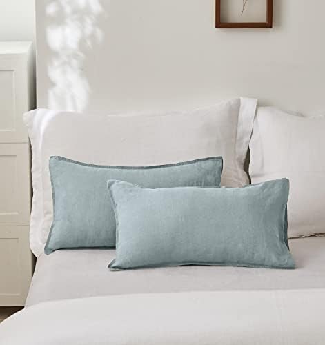 Simple&Opulence 100% Linen Lumbar Pillow Cover 12 x 20 Inches Set of 2 Rectangular Decorative Throw Cushion Cover for Couch Sofa Bed Living Room Office Soft Breathable Farmhouse - Dusty Blue