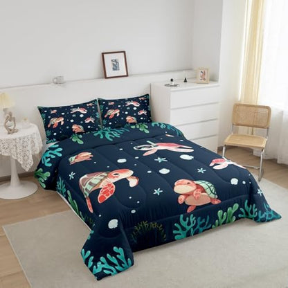 Homewish Cartoon Turtle Bedding Set King Size,Shell Coral Comforter Set 3Pcs for Kids Girls Boys Teens Room Decor,Diving Theme Sea Animals Quilt Set Blue Green Duvet Insert,2 Pillowcases