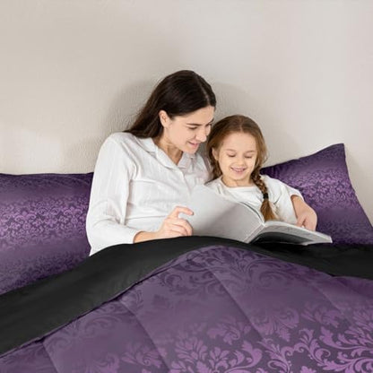 jejeloiu Gothic Damask Kids Comforter Set Toddler Size Vintage Jacquard Bedding Set Purple Exotic Floral Duvet Quilt for Kids Boys Girls Bedroom Antique Classic Decor Microfiber Ultra Soft Breathable