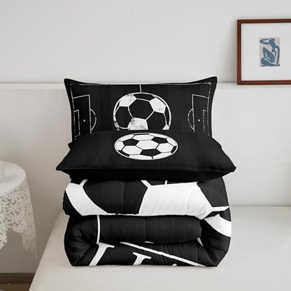Erosebridal Kids Football Bedding King Size for Boys Girls Sport Comforter Set, Black Reversible Duvet Insert Black and White Quilt Set, Ball Gaming Bedding Comforters & Sets, Breathable