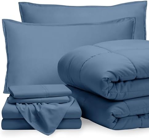 Bare Home Bed-in-A-Bag 7 Piece Comforter & Sheet Set - Queen - Goose Down Alternative - Ultra-Soft 1800 Premium - Bedding Set (Queen, Coronet Blue/Coronet Blue)