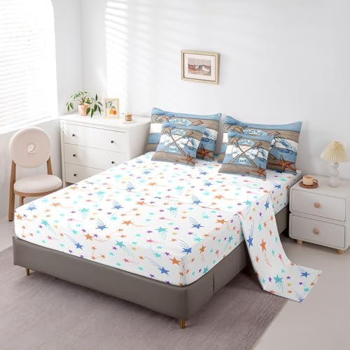 Erosebridal Lake Life Bedding Set for Kids Teens,Hawaii Boat Paddle Comforter Set King Size,Crab Starfish (Comforter+Fitted+Flat Sheet+2 Pillowcases+2 Throw Pillow Covers) 7 Pieces Bed Set