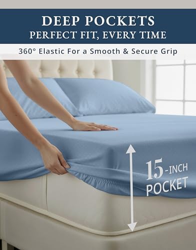 LANE LINEN Twin Sheets Set Sateen Weave - French Blue Swiss Dot