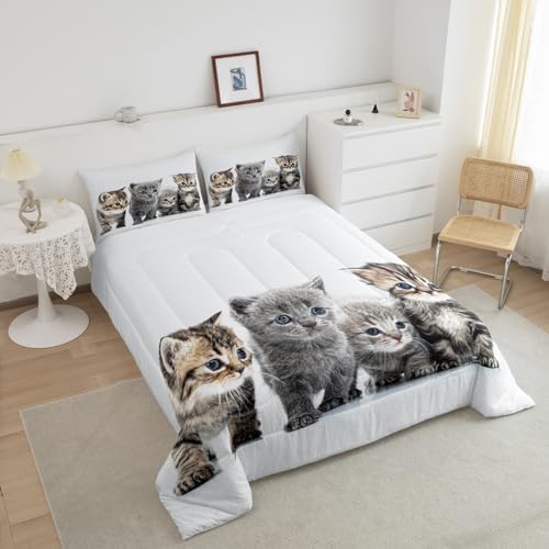 Feelyou Cat Comforter Kids Cute Bedding Set Toddler Cartoon Pet Cats for Girls Boys Children Kitten Room Decor Lovers Kawaii Animal Theme Quilt King Size with 2 Pillow Case