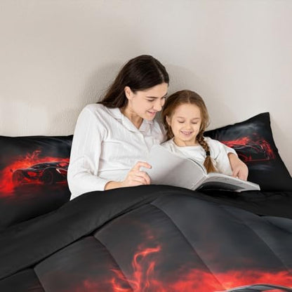 Erosebridal Red Race Car Toddler Size Bedding Set Boys Red Black Racing Car Comforter for Kids Girls Racing Car Room Decor Bedding Collection Extreme Sports Gaming Down Comforter,Soft Microfiber