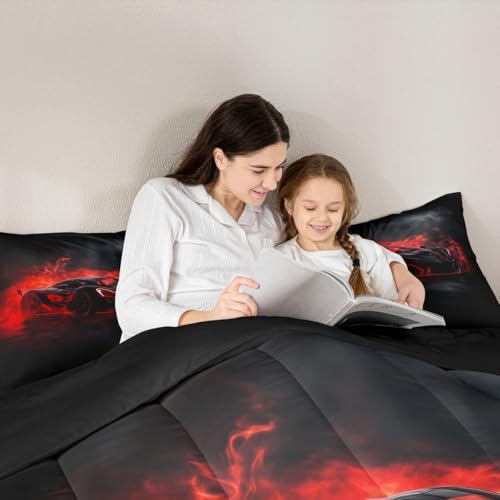 3Pcs Boys Race Car Bedding Set,Red and Black King Size Comforter Cool Racing Car Duvet Insert for Kids Girls Teens Room Decor 3D Cars Bed with 1 Comforter,2 Pillowcases-All Season & Luxury Soft