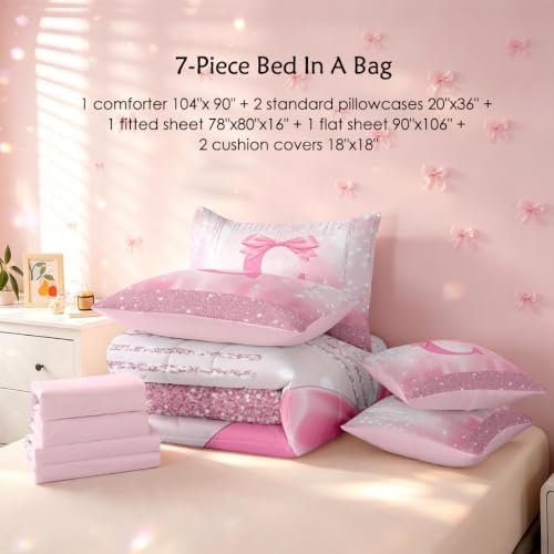 Feelyou Kids Pink Bowknot Bed in A Bag King Size, Personalized Initial C Comforter Set with Sheets Princess Glitter 7 Pieces Bedding Set Boys Girls Bow Alphabet Teens Bed Set Bedroom Decor 7Pcs