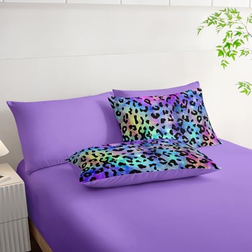 7Pcs Comforter Set Purple Leopard Printed Bedding Set with 1 Comforter, 1 Flat Sheet, 1 Fitted Sheet and 4 Pillowcases for Boys and Girls Bedroom All Season(Full)