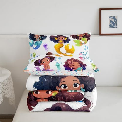 Homewish Cute Black Girl Mermaid Comforter Set Queen Size,Watercolor Coral Jellyfish Bedding Set for Kids Girls Teens Room Decor,African Black Girls Quilt Set Colorful Sea Life Duvet Insert 3Pcs