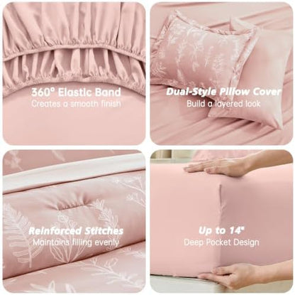 MUXHOMO Cameo Pink Cal King Comforter Set, Elegant Floral Print Bed in a Bag 7 Pieces, Ultra Soft & Breathable Reversible Botanical Pattern Bedding Set with Comforter, Sheets, Pillowcases, and Shams
