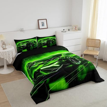 Feelyou Kids Boys Sports Car Comforter Set King Size Green Race Car Comforter for Kids Teens Room Decor Extreme Sports Theme Bedding Set Cool Speed Luxury Car Decor Quilt Set Soft for All Season