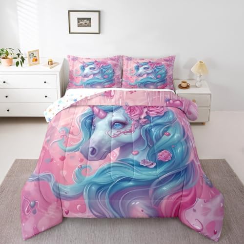 Castle Fairy Unicorn Comforter Sets Full Size Cartoon Unicorn Bedding Set for Kids Girls Boys Bedroom Soft Reversible Kawaii Rose Flower Pattern Cute All Season Quilt Set with 2 Pillowcases Pink Blue