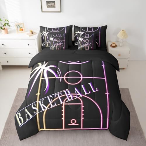 Basketball King Comforter Set 7 Pieces Sport Bedding Comforter Sets for Boys Room, Rainbow Neon Light Bed in a Bag Gradient Basketball Court Bedding Set, Ball Gaming Bed Sheets Set (Black Reversible)