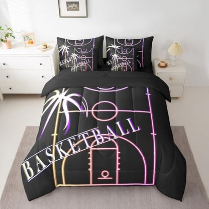 Erosebridal Basketball Bedding Queen Size 7Pcs Sport Comforter Set for Boys Room, Rainbow Neon Light Bedding Comforter Sets Gradient Basketball Court Bed in a Bag, Ball Gaming Bedding Accessories
