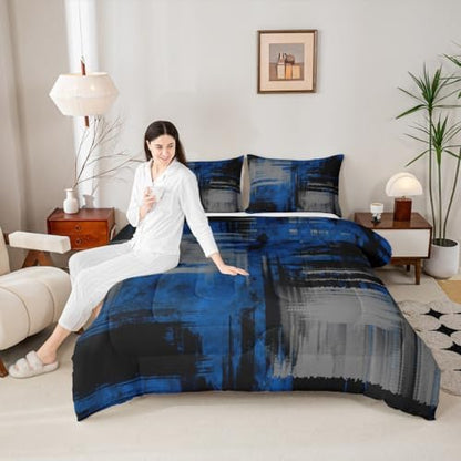 Kids Blue Grey Black Bedding Set King Size Abstract Duvet Quilt for Boys Girls Teens Bedroom Decor Geometric Comforter Set Breathable Soft Lightweight Microfiber Women Men Modern With 2 Pillow Case