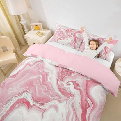 Pink Marble Bedding Set, King Abstract Modern Style Comforter Cover,for Girls Women Boys Teens Romantic Theme Duvet Cover Soft Cozy Reversible Duvet Cover, 1 Duvet Cover+2 Pillowcases, Zipper Closure