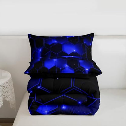 Feelyou Blue Black Geometrics Comforter Set King - Kids Boys Girls Beehive Hexagon Bedding Set - Geometric Honeycomb Duvet Set - Durable Quilt Set King Size