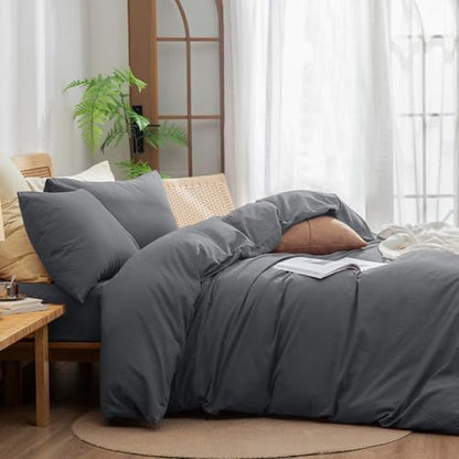 BESTOUCH Cotton Solid Duvet Cover Set Linen Feel Quiet Shade Grey King