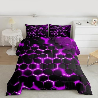 Erosebridal Purple Neon Honeycomb Bedding Set Twin Geometric Hexagon Comforter Set for Teen Boys Girls Kids,3D Morden Hexagonal Quilted Duvet Soft Lightweight Down Comforter 1 Pillow Case