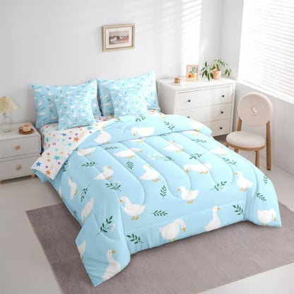 Erosebridal Cute Silly Goose Twin Size Bedding Set Boys Cartoon Ducks 7 Pieces Comforter Set with Sheets for Kids Teens Funny Animals Bed in a Bag Light Blue Farmhouse Floral Bed Sets