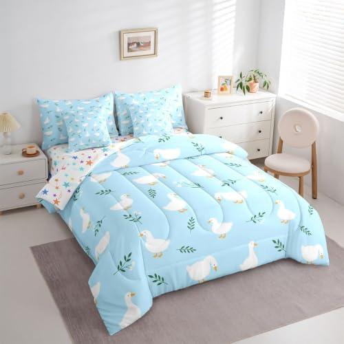 Erosebridal Cute Silly Goose Queen Bedding Set Boys Cartoon Ducks Comforter Set with Flat and Fitted Sheet for Kids Teens Funny Animals 7-Piece Bed in a Bag Light Blue Farmhouse Floral Quilt Sets