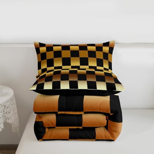 Feelyou Checkered Comforter Set All Season Modern Geometric Golden Yellow Bedding Set with 2 Pillow Cases Cute Neutral Plaid Kids King Bedclothes Vintage Aesthetic Bedroom Decor Duvet Quilt