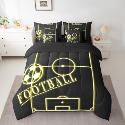 Erosebridal Sport Bedding Twin Size 7Pcs for Toddler Kids Soccer Comforter Set for Boys Girls, Black Yellow Bedding Comforter Sets Gold Gradient Neon Bed in a Bag, Sports Themed Bedding Accessories
