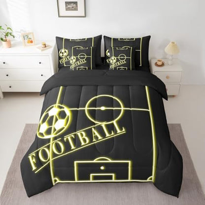 Erosebridal Sport Bedding Twin Size 7Pcs for Toddler Kids Soccer Comforter Set for Boys Girls, Black Yellow Bedding Comforter Sets Gold Gradient Neon Bed in a Bag, Sports Themed Bedding Accessories