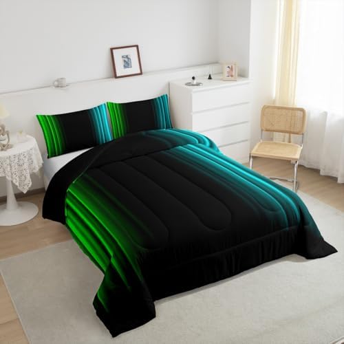 Feelyou Teens Abstract Ombre Decorations Bedding Set for Kids Women Green Teal and Black Comforter Set Geometric Modern Quilt Set Room 3Pcs King Size