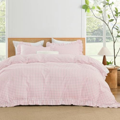 Andency Pink Gingham Duvet Cover Queen, Ruffle Shabby Bedding Set 3 Pcs