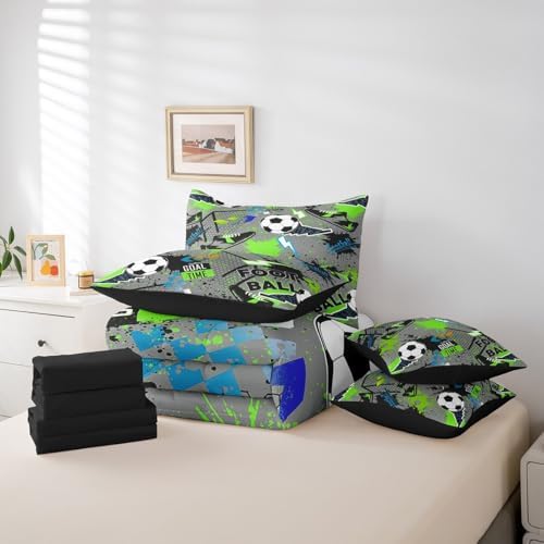 Erosebridal Boys Soccer 7 Piece Bedding Set Twin Size,Lightning Football Bed in a Bag,Sports Lover Bed Set Includes Comforter, Sheet Set, Pillowcases & Pillow Covers All Season Bedroom Decor