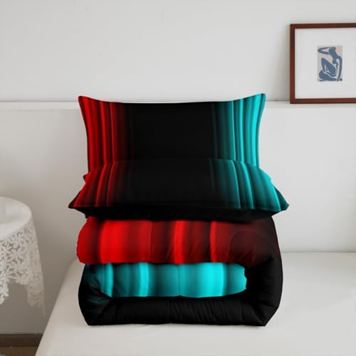 Feelyou Teens Abstract Ombre Decorations Bedding Set for Kids Women Red Teal and Black Comforter Set Geometric Modern Quilt Set Room 2Pcs Twin Size