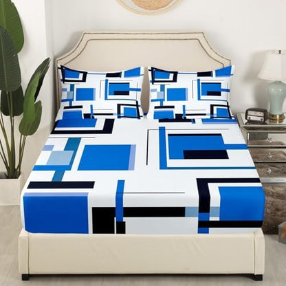 Feelyou Square Bed Sheets Blue Black White Sheet Set for Kids Boys Girls Modern Geometric Grid Bed Set Simple Graphic Decor Sheets with 2 Pillowcases 4Pcs Bedding Queen