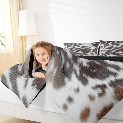 Western Brown Cowhide Comforter Set,Aztec Black White Cow Print Bedding Set King Rustic Farm Animal Down Comforter for Kids Boys Girls Men Women,Cowboy Cowhide Quilt Duvet Set Bedroom Decor 3 Pcs